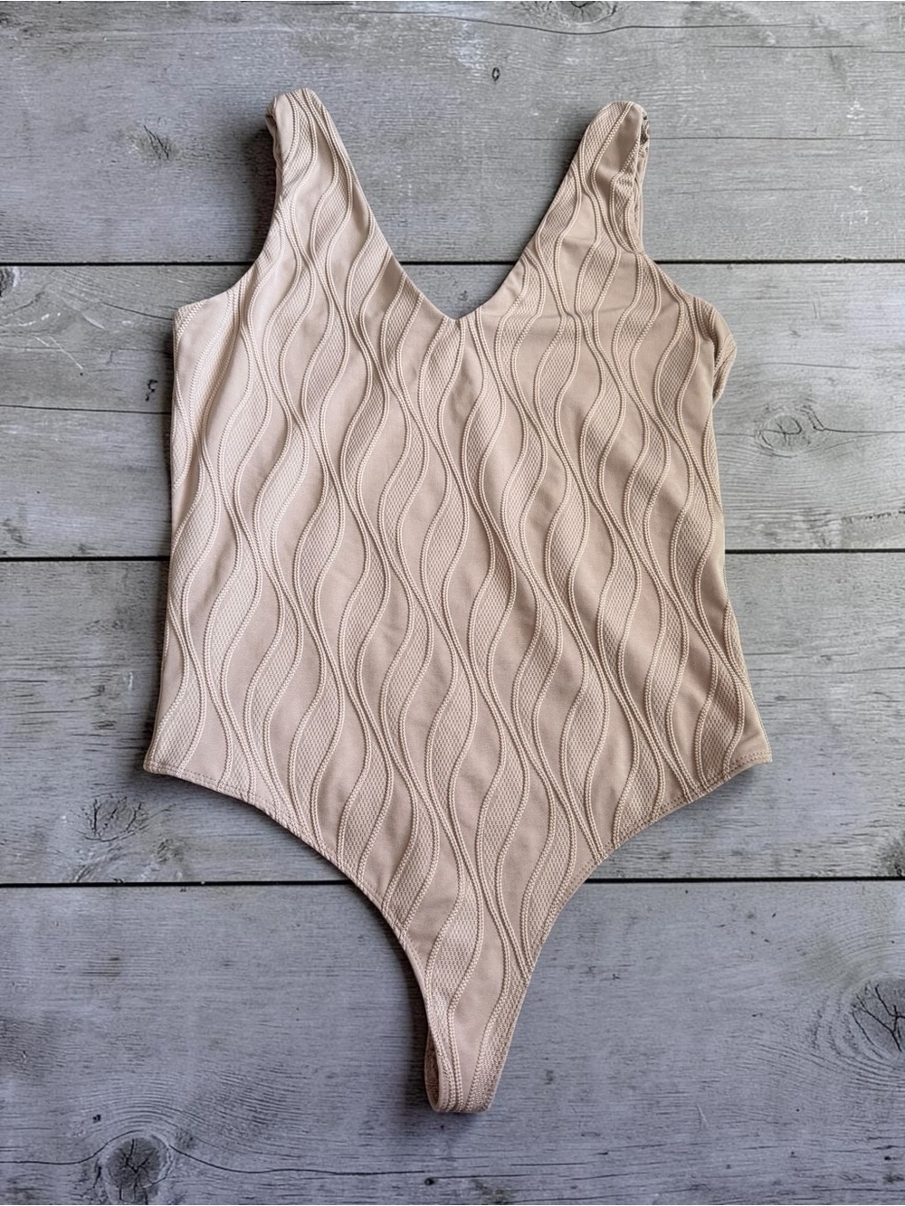 Dress Forum Beige Textured V-Neck Bodysuit
